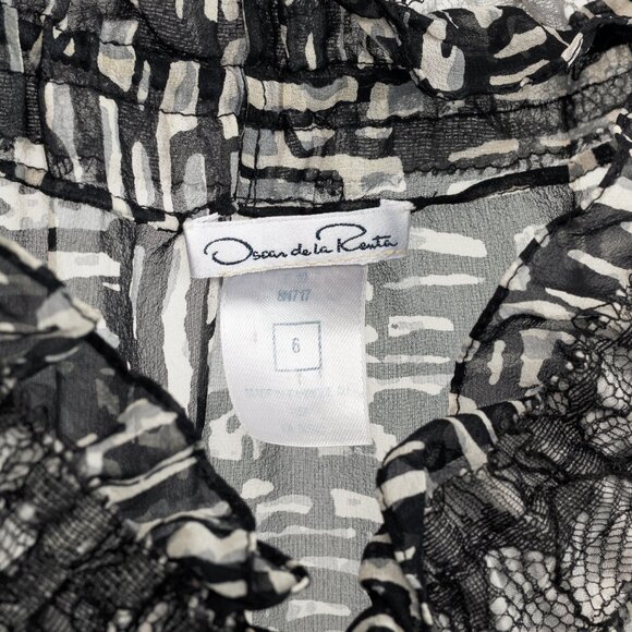 Oscar de la Renta AW/10 Black & White Abstract Silk Lace-Trim Tie-Neck Blouse - Picture 8 of 10